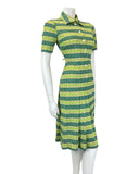 VINTAGE 60s 90s LIME GREEN WHITE STRIPED DOTTY GEOMETRIC MOD SHIRT DRESS 6 8