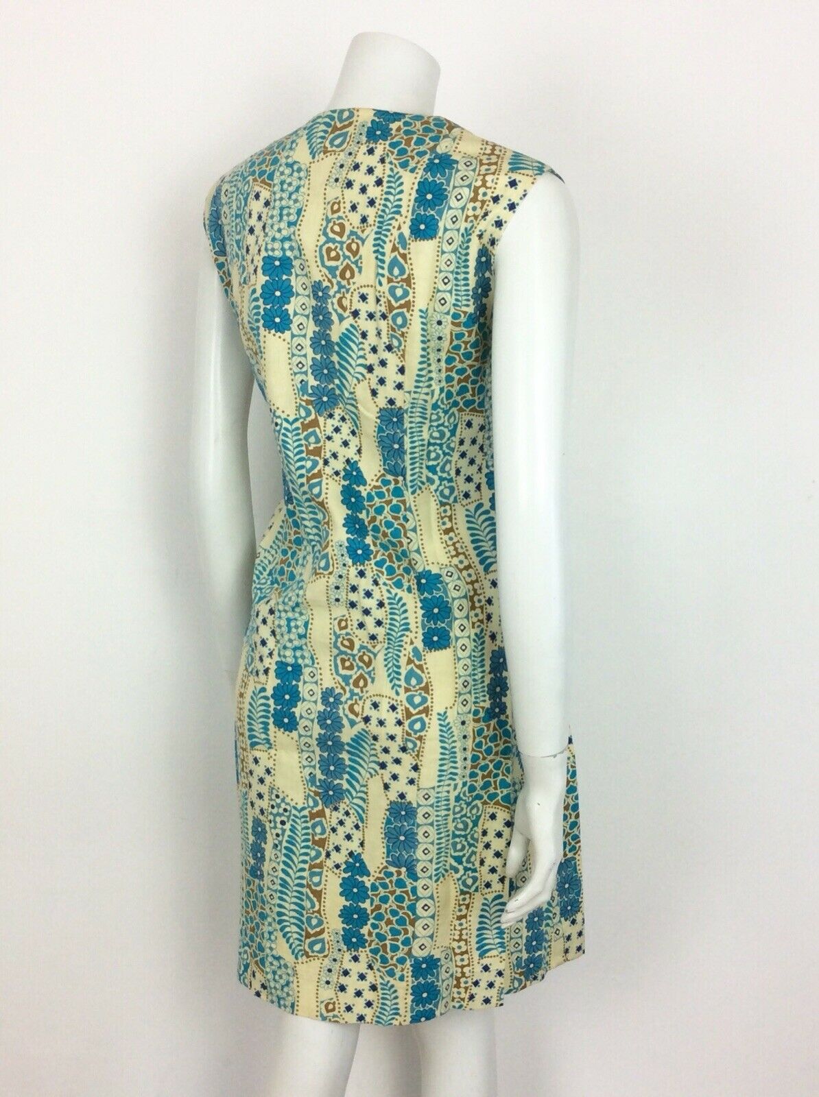 VINTAGE 60s 70s SHIFT DRESS ABSTRACT FLORAL PATCHWORK DITSY BLUE GOLD CREAM 14