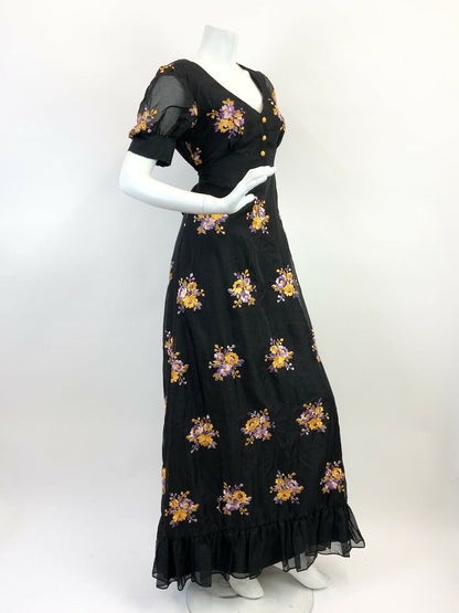 VINTAGE 60s 70s BLACK PURPLE YELLOW EMBROIDERED FLORAL SHEER MAXI DRESS 12