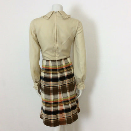 VINTAGE 60S CREAM,BROWN  PLAID TARTAN MAD MEN SECRETARY DAY DRESS 8 10