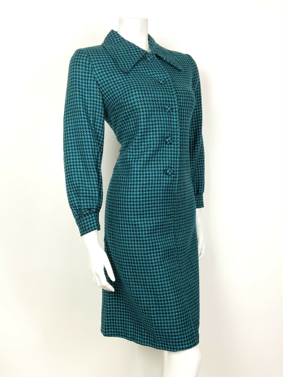 VTG 60s 70s PINE GREEN BLACK DOGTOOTH DAGGER COLLAR SHIRT SHIFT DRESS 8 10 12