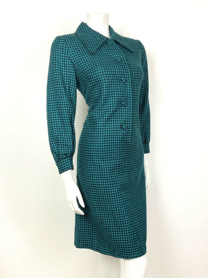 VTG 60s 70s PINE GREEN BLACK DOGTOOTH DAGGER COLLAR SHIRT SHIFT DRESS 8 10 12