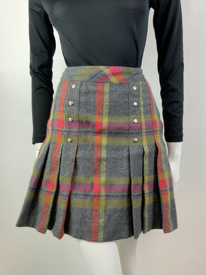 VINTAGE 60s 70s GREY YELLOW RED PLAID CHECKED MOD PREPPY PLEATED SHORT SKIRT 8