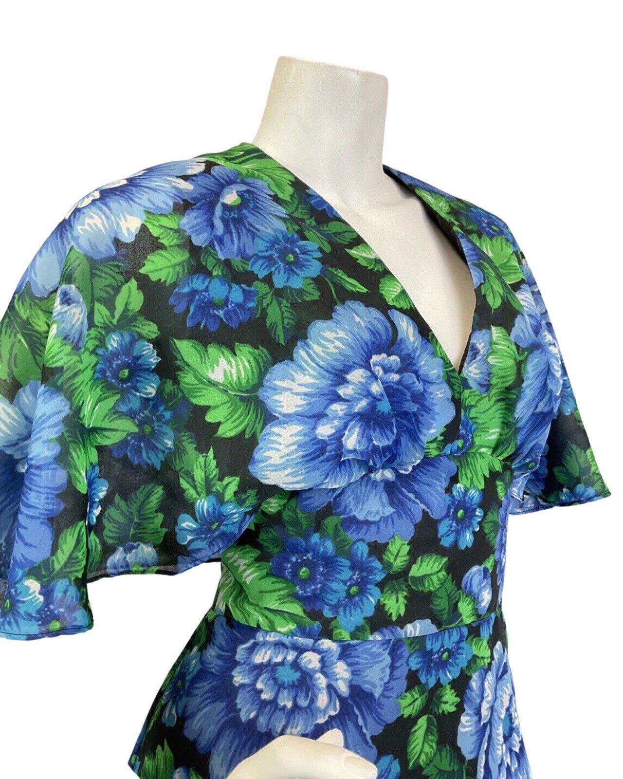 VINTAGE 60s 70s BLUE GREEN BLACK FLORAL CAPE SLEEVE SUMMER MAXI DRESS 10 12