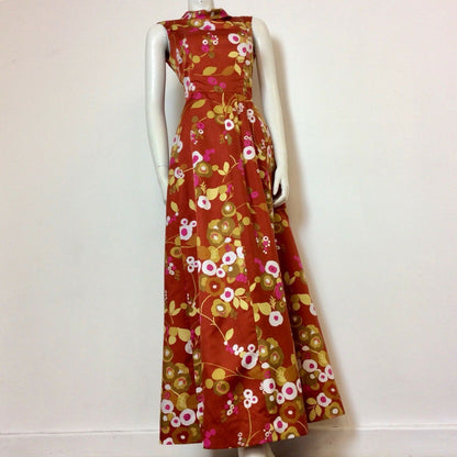 VINTAGE 1970S RUST SATEEN ABSTRACT FLORAL PRINT MAXI DRESS 10 12