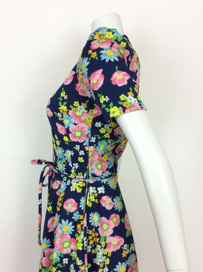 VINTAGE 60s 70s FLORAL A-LINE DRESS BLUE PINK YELLOW WHITE DITSY 8 10