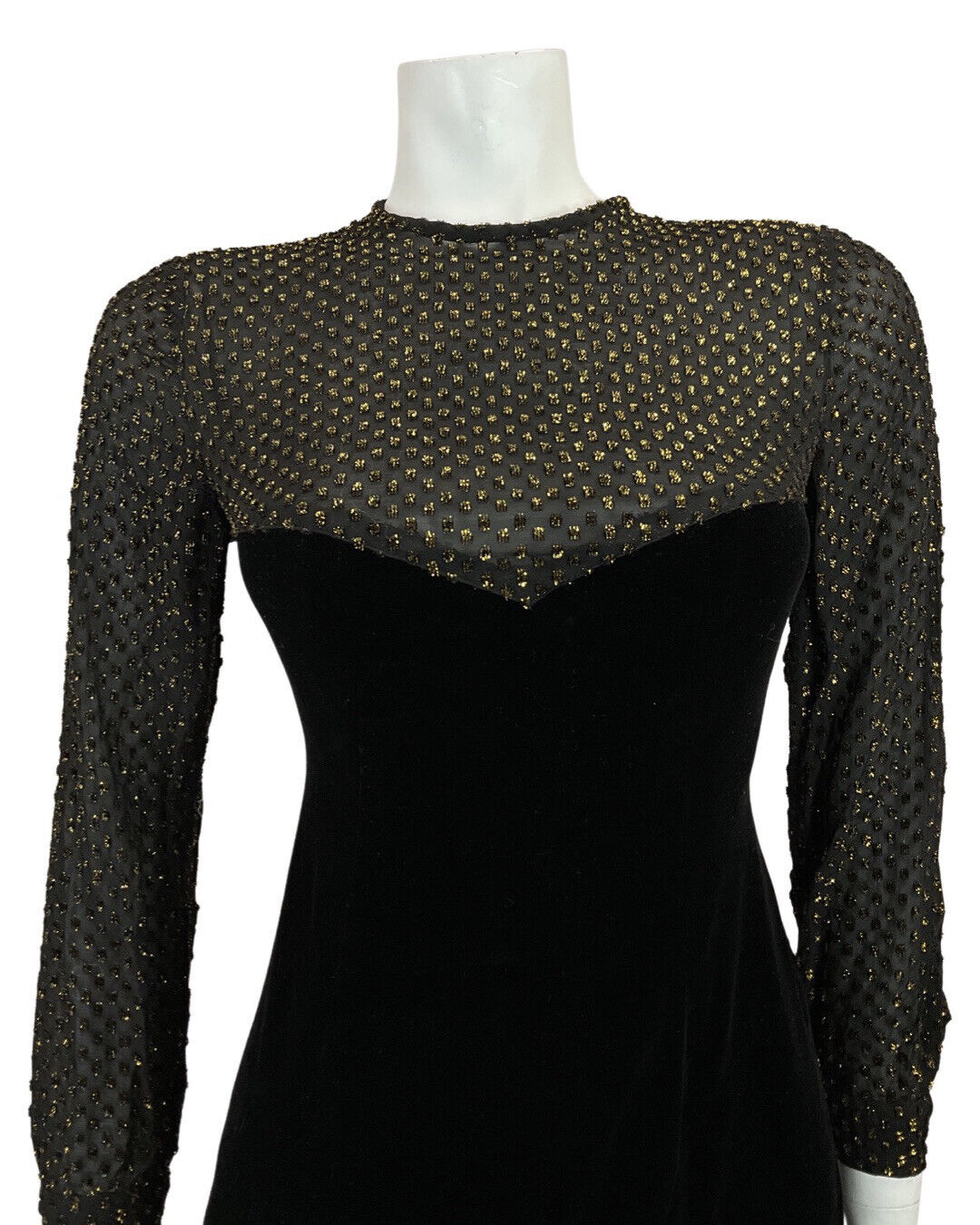 VINTAGE 60s 70s BLACK GOLD POLKA-DOT SHEER VELVET PARTY SHORT DRESS 8