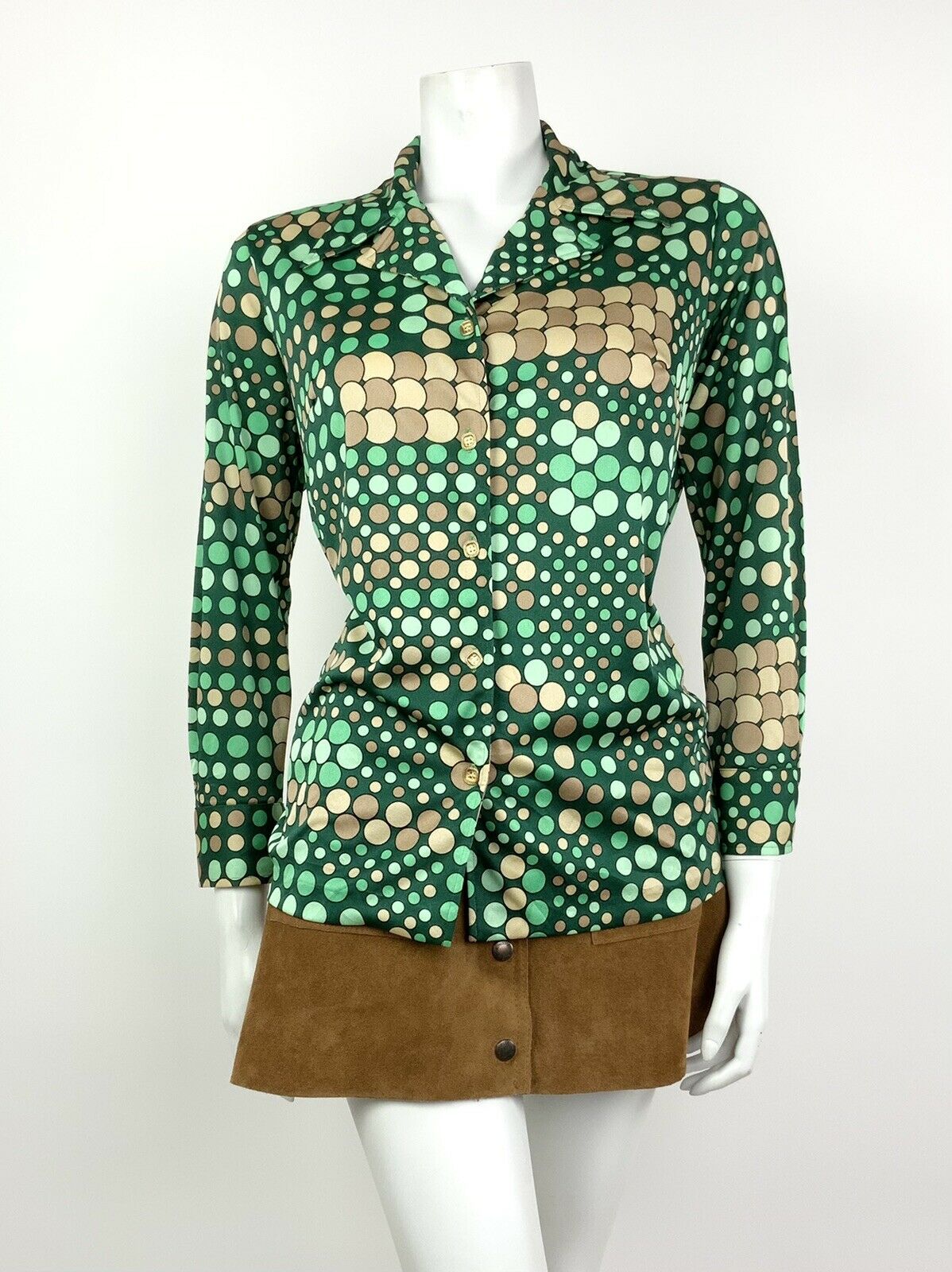 VINTAGE 60s 70s GREEN BEIGE GOLD CIRCLE SPOTTY DAGGER SHIRT 12 14 16