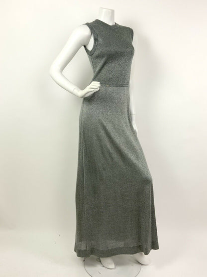 VTG 60s 70s GREY SILVER GLITTER METALLIC PARTY LUREX RIBBED MAXI DRESS 6 8