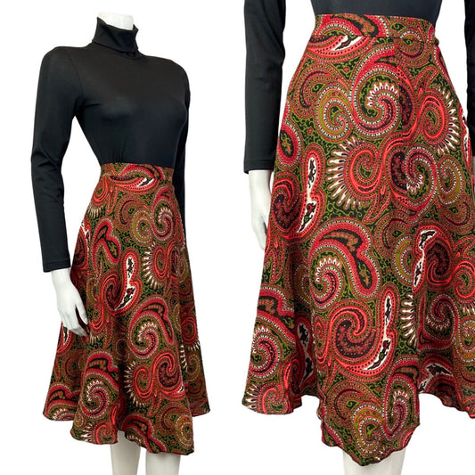 VINTAGE 60s 70s RED BLACK GREEN PAISLEY MANDALA PSYCHEDELIC SWING SKIRT 10 12