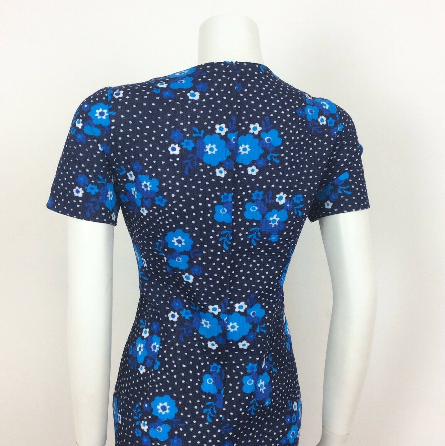 60S VINTAGE NAVY BLUE WHITE FLOWER DAISY PRINT PSYCHEDELIC DRESS 12 14