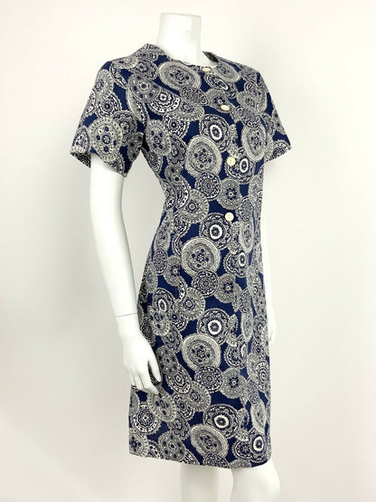 VINTAGE 60s 70s NAVY BLUE WHITE GEOMETRIC FLORAL MANDALA SHIFT DRESS 12