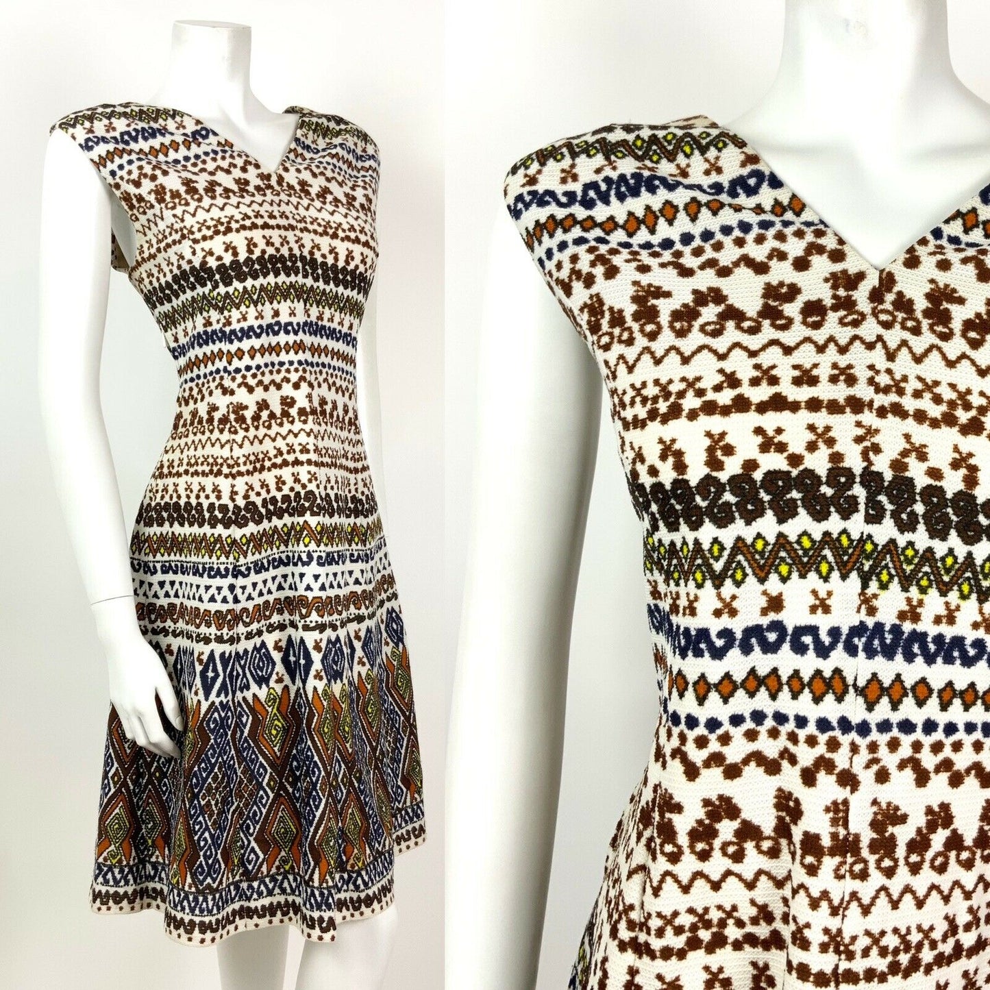 VINTAGE 60s 70s WHITE BROWN BLUE ORANGE GEOMETRIC AZTEC SLEEVELESS DRESS 14 16