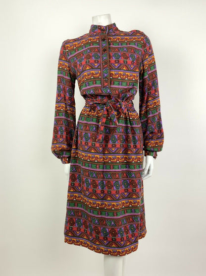 VTG 60s 70s PURPLE RED GREEN YELLOW AZTEC GEOMETRIC TRIBAL DRESS 8 10 12