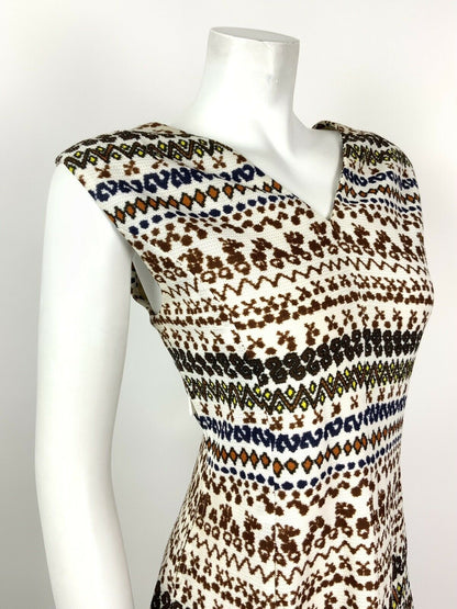 VINTAGE 60s 70s WHITE BROWN BLUE ORANGE GEOMETRIC AZTEC SLEEVELESS DRESS 14 16