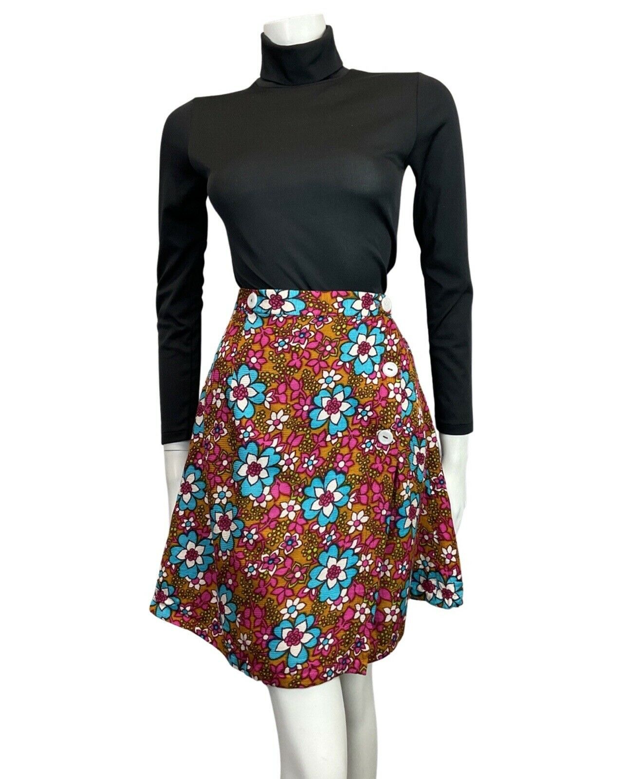 VINTAGE 60s 70s BROWN PINK BLUE FLORAL DAISY PSYCHEDELIC MOD WRAP SHORT SKIRT 8