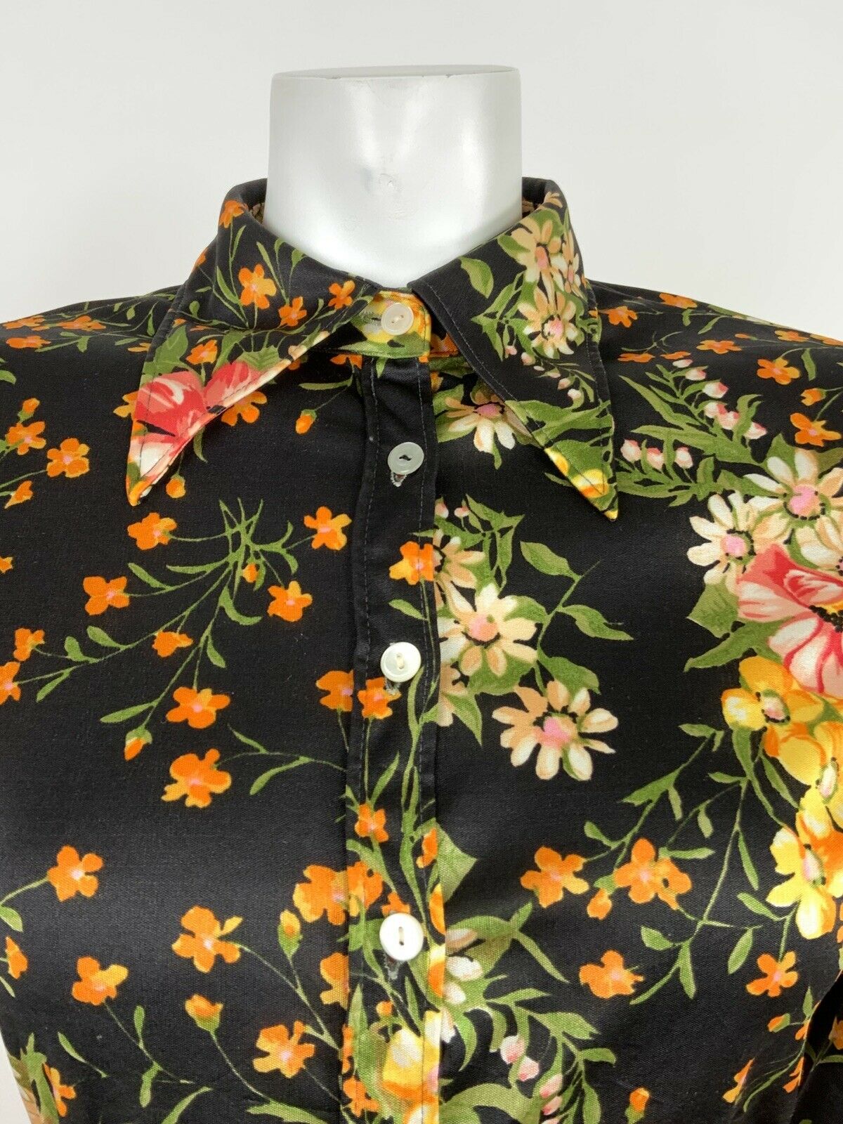 VTG 60s 70s BLACK PINK ORANGE GREEN FLORAL DITSY DAISY DAGGER COLLAR SHIRT 8 10