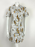 VINTAGE 60s 70s WHITE YELLOW BLUE CREAM GEOMETRIC WING COLLAR SHIRT DRESS 10 12