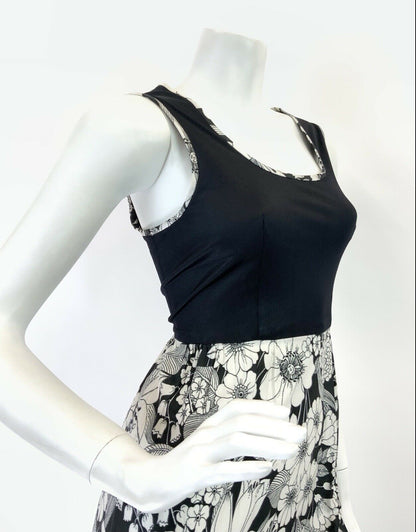 VINTAGE 60s 70s BLACK WHITE FLORAL PSYCHEDELIC MOD SLEEVELESS MAXI DRESS 8 10