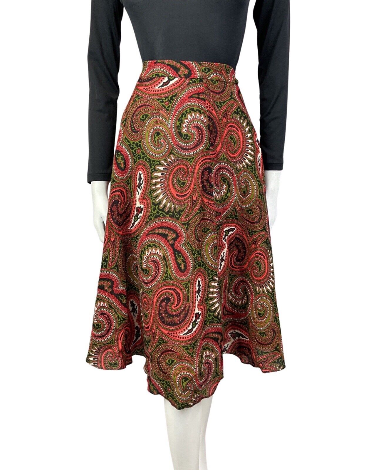 VINTAGE 60s 70s RED BLACK GREEN PAISLEY MANDALA PSYCHEDELIC SWING SKIRT 10 12