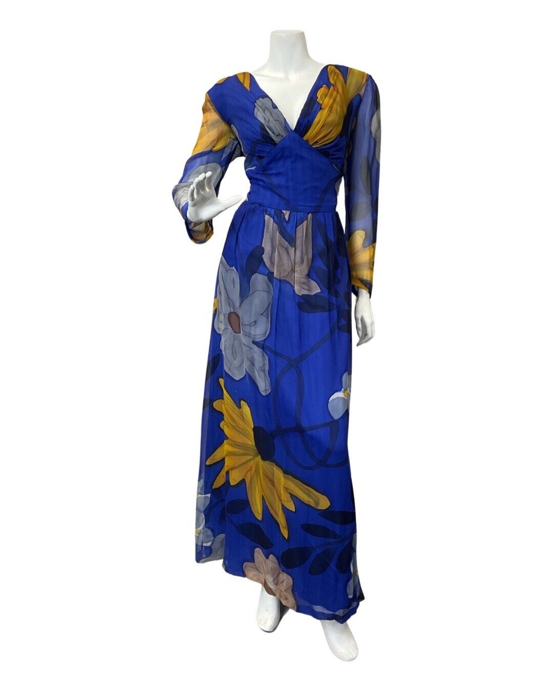 VINTAGE 60s 70s BLUE YELLOW WHITE FLORAL WATERCOLOUR SHEER MAXI DRESS 12 14