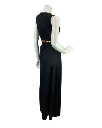 VINTAGE 60s 70s BLACK GOLD SEQUIN GLAM SLEEVELESS EVENING GOWN MAXI DRESS 10