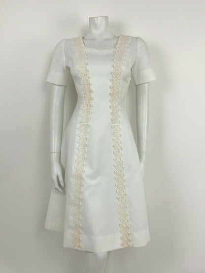 VINTAGE 60s 70s WHITE IVORY BRODERIE ANGLAISE LACE PRINCESS LINE DRESS 8 10