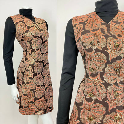 VTG 60s 70s ORANGE GOLD BLACK FLORAL BAROQUE PARTY GLAM WAISTCOAT DRESS 10 12