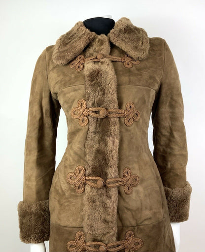 VTG 60s 70s TAWNY BROWN SUEDE SHEARLING FUR BROCADE RUSSIAN PRINCESS COAT 10 12