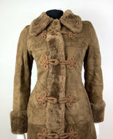 VTG 60s 70s TAWNY BROWN SUEDE SHEARLING FUR BROCADE RUSSIAN PRINCESS COAT 10 12