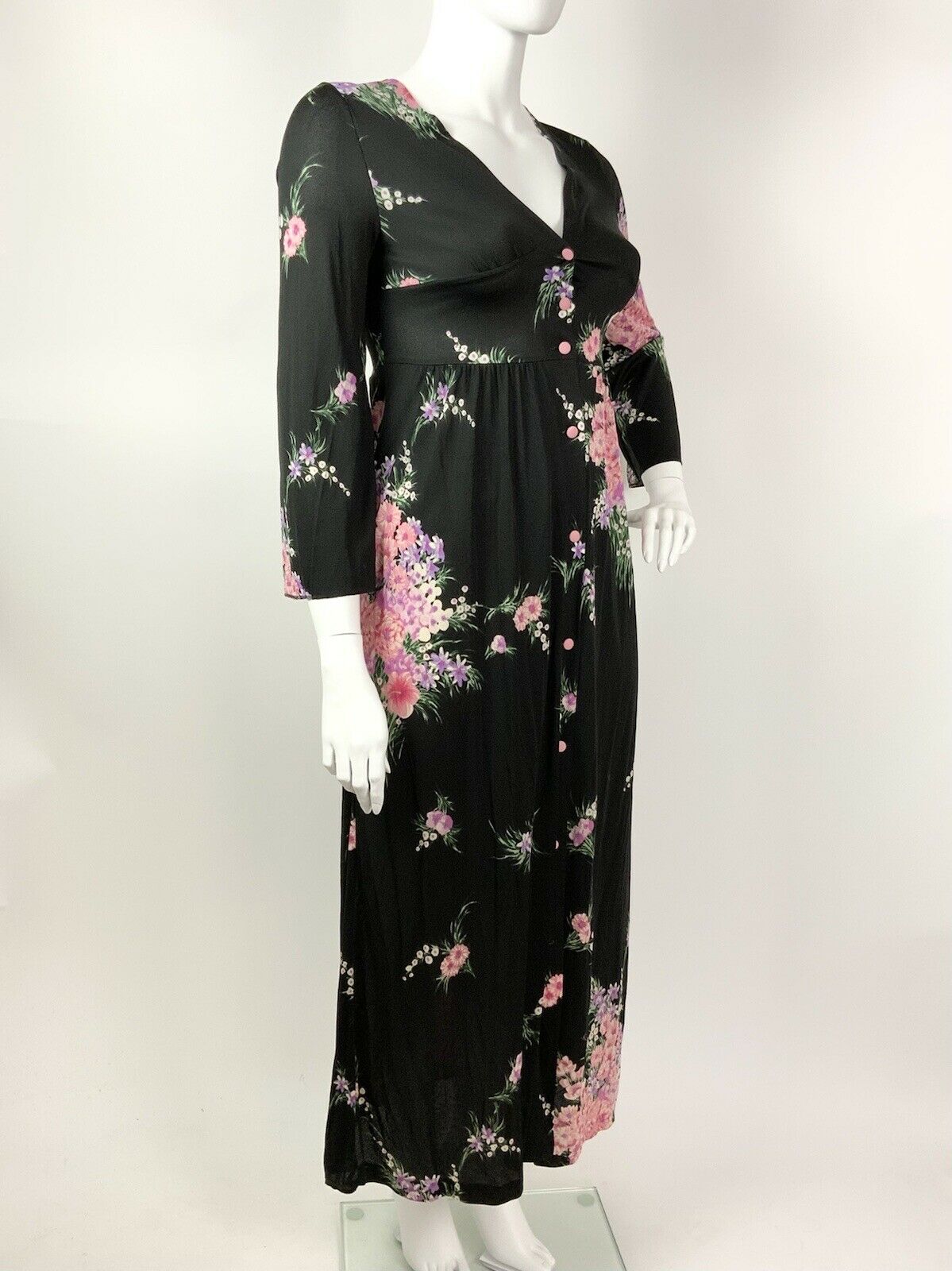 VINTAGE 60s 70s BLACK PASTEL PINK PURPLE GREEN FLORAL BOUQUET MAXI DRESS 14 16