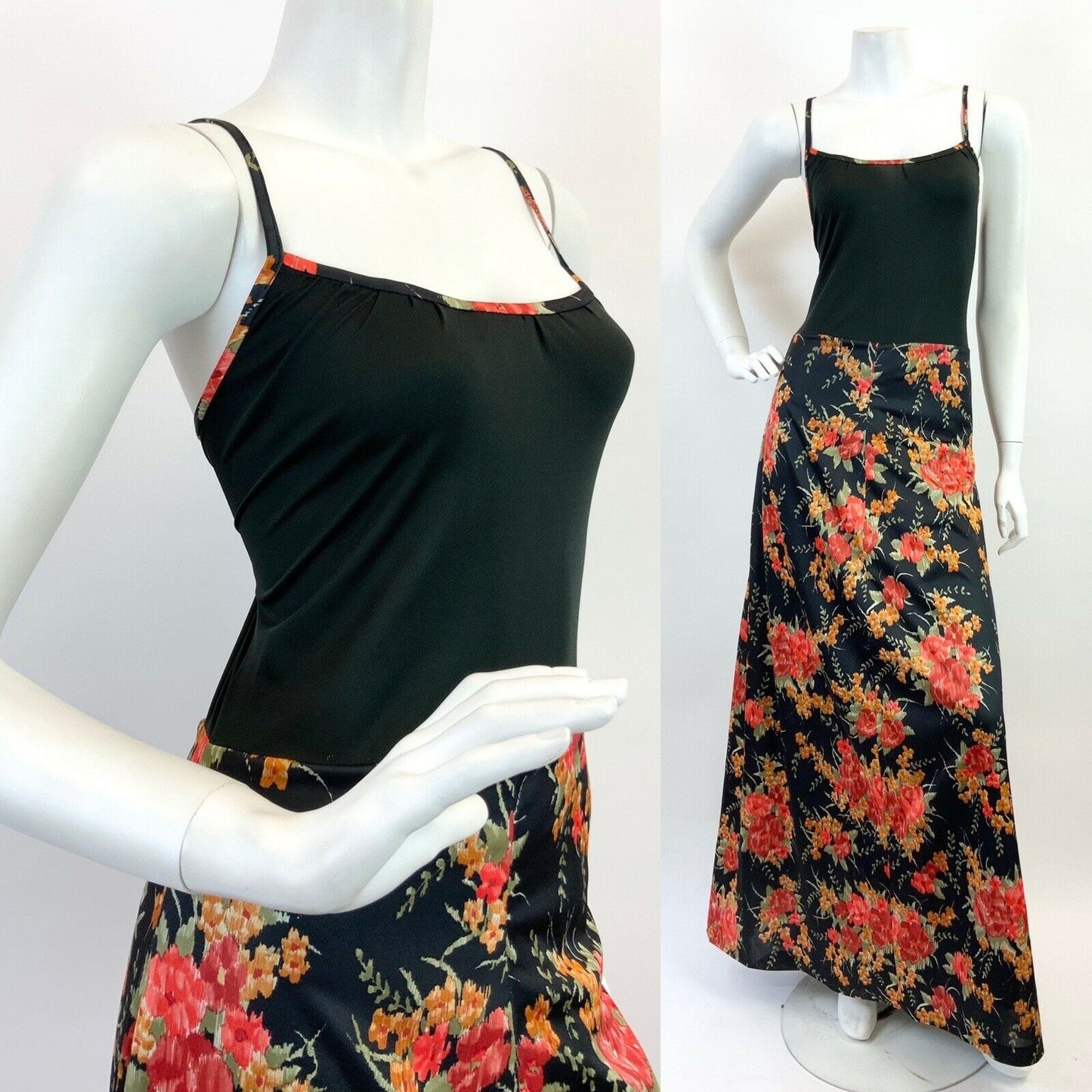 VINTAGE 60s 70s BLACK RED GREEN FLORAL SPAGHETTI STRAP SUMMER MAXI DRESS 10