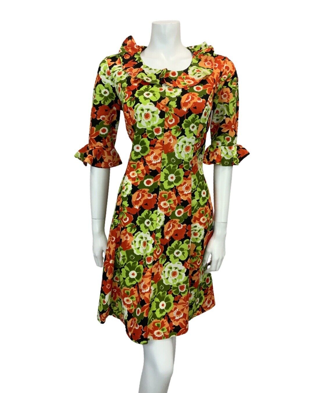 VINTAGE 60s 70s GREEN RED BLACK WHITE FLORAL PRINT RUFFLED MIDI DRESS 12