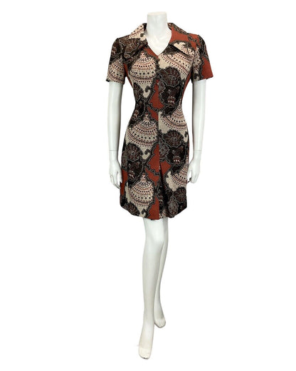 VTG 60S 70S BROWN BEIGE TAN METALLIC PSYCHEDELIC PRINT MOD MINI DRESS 10 12