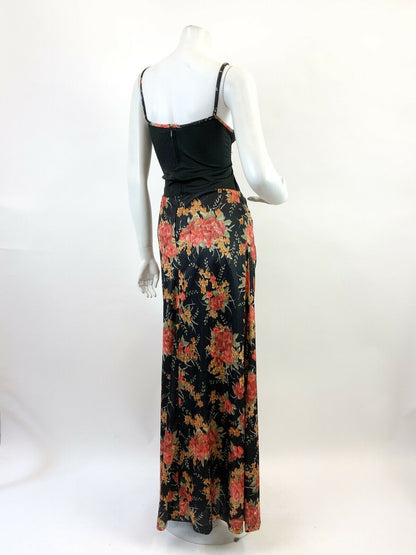 VINTAGE 60s 70s BLACK RED GREEN FLORAL SPAGHETTI STRAP SUMMER MAXI DRESS 10