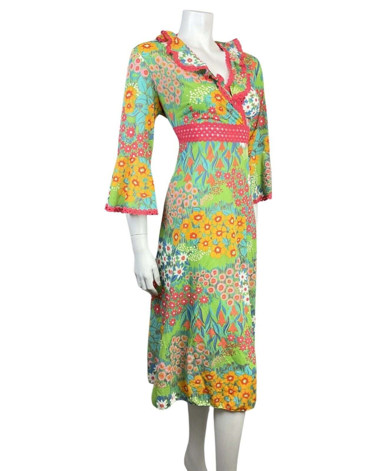 VINTAGE 60s 70s GREEN PINK BLUE FLORAL DAISY DITSY RUFFLED MOD MIDI DRESS 14