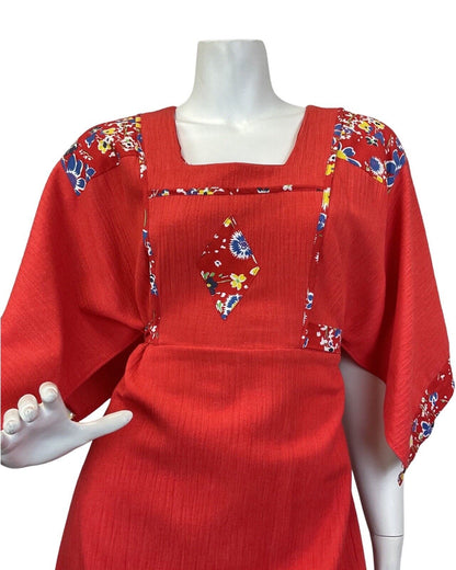 VINTAGE 60s 70s RED BLUE BLACK FLORAL KIMONO SLEEVE BOHO FOLK MAXI DRESS 8 10