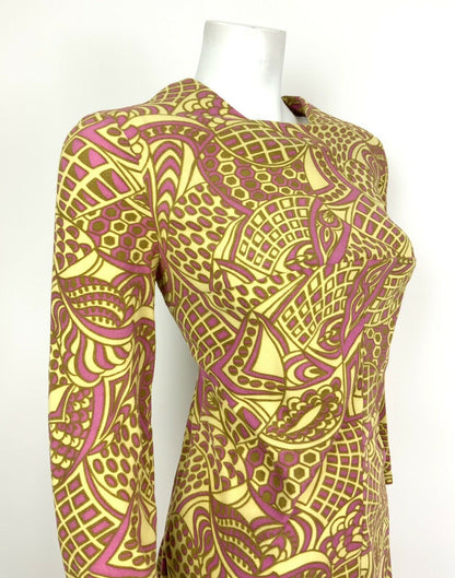 VINTAGE 60s 70s YELLOW PINK GOLD PSYCHEDELIC SWIRL EMPIRE LINE DRESS 12 14