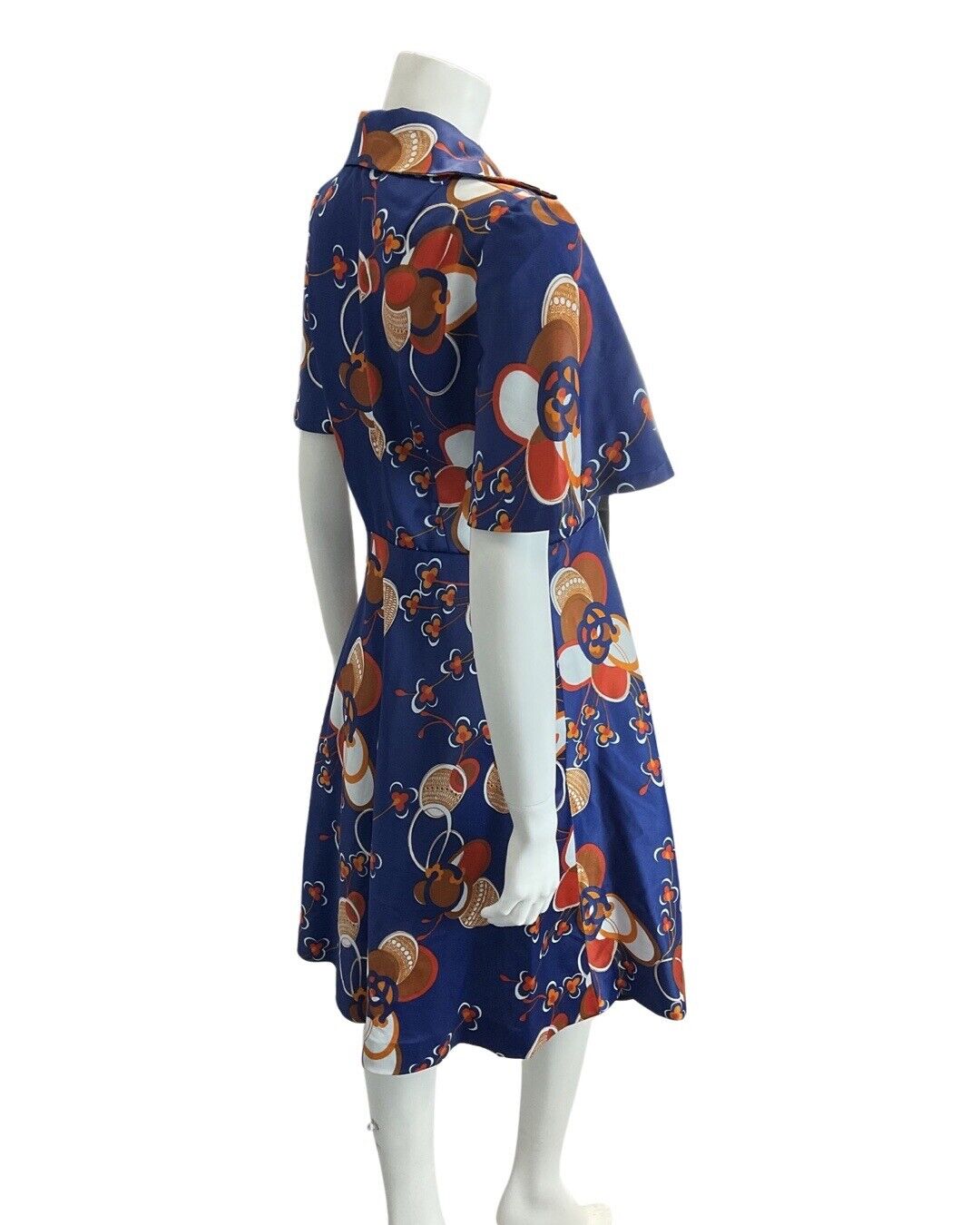 VINTAGE 60s 70s BLUE ORANGE RED ABSTRACT FLORAL MOD SWING SHIRT DRESS 8 10