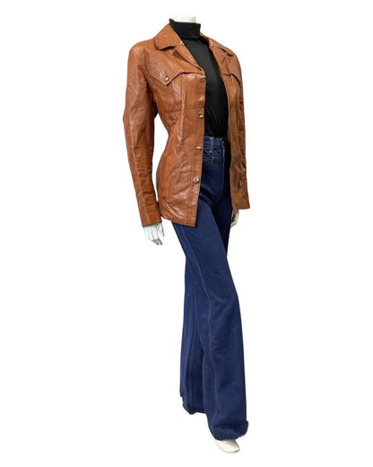 VINTAGE 60s 70s TAN BROWN WESTERN MOD LEATHER JACKET 14 16