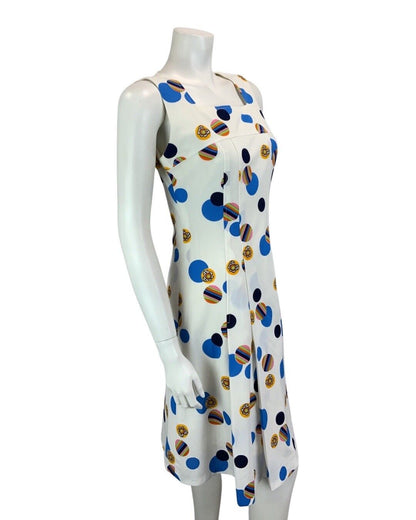 VINTAGE 60s 70s WHITE BLUE NAVY PINK SPOTTY ABSTRACT PRINT MOD DRESS DRESS 10