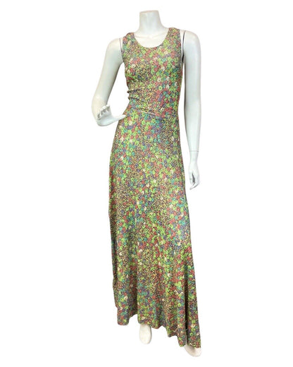 VINTAGE 60s 70s GREEN PURPLE RED SILVER PSYCHEDELIC FLORAL LUREX MAXI DRESS 6