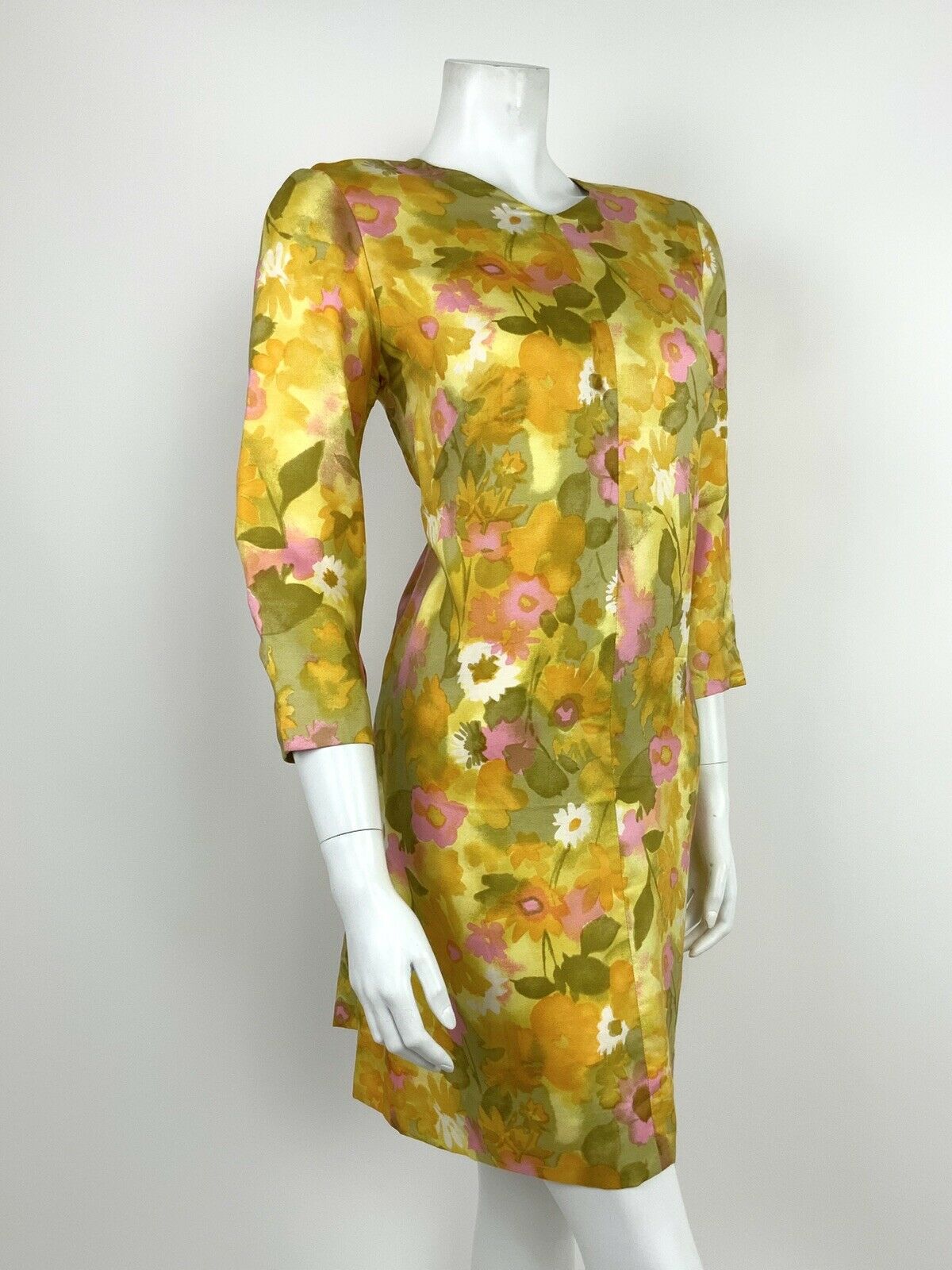 VINTAGE 60s 70s PSYCHEDELIC YELLOW GREEN PINK WHITE FLORAL SHIFT DRESS 12 14