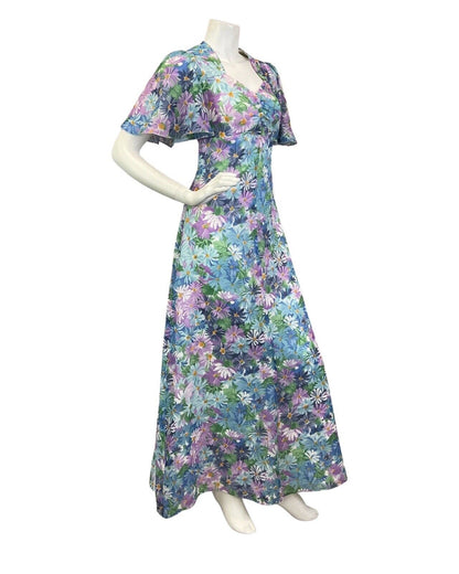 VINTAGE 60s 70s BLUE PURPLE WHITE FLORAL DAISY RUFFLED PRAIRIE MAXI DRESS 12