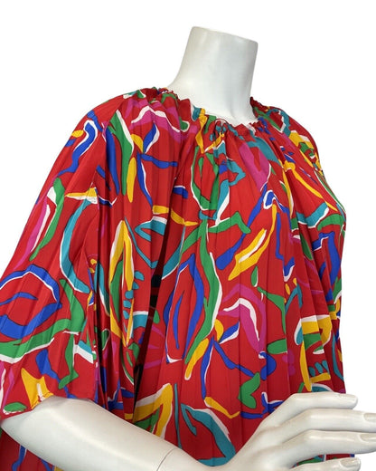 VINTAGE 60s 70s RED BLUE YELLOW ABSTRACT LEAFY PLEATED KAFTAN MAXI DRESS 12 14