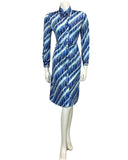 VINTAGE 60s 70s BLUE STRIPED ABSTRACT PRINT SHIRT MIDI MOD DRESS 10 12