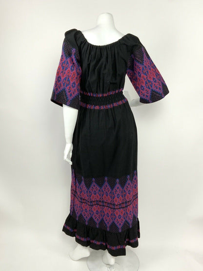 VTG 60s 70s ETHNIC FOLK BLACK BLUE RED EMBROIDERED RUCHED MAXI DRESS 10 12