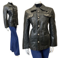 VINTAGE 60s 70s BLACK SILVER DAGGER COLLAR MOD NAPPA LEATHER JACKET 12 14