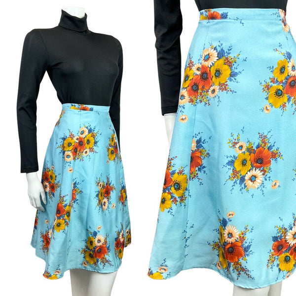 VINTAGE 60s 70s BLUE RED GOLD FLORAL POPPY BOUQUET SWING FLARED MIDI SKIRT 8 10