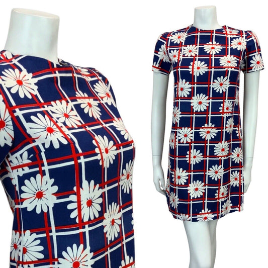 VINTAGE 60s 70s NAVY BLUE RED WHITE DAISY PRINT MINI MOD DRESS 6 8